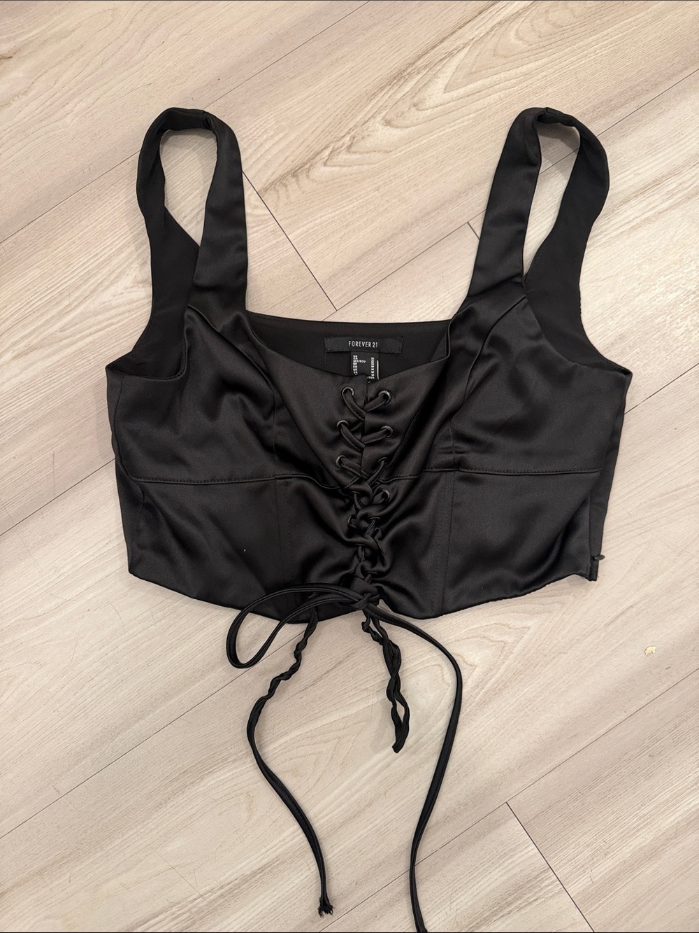 Forever 21 Black Satin Lace-Up Crop Top